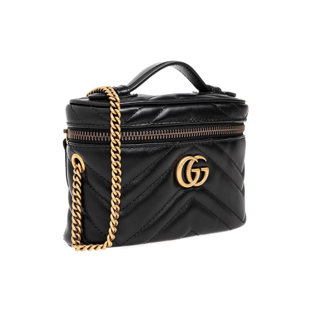 Gucci GG Marmont Svart Läder Chevron Quiltad Mini Toalettväska Kedja Axelväska För Kvinnor Daglig Användning