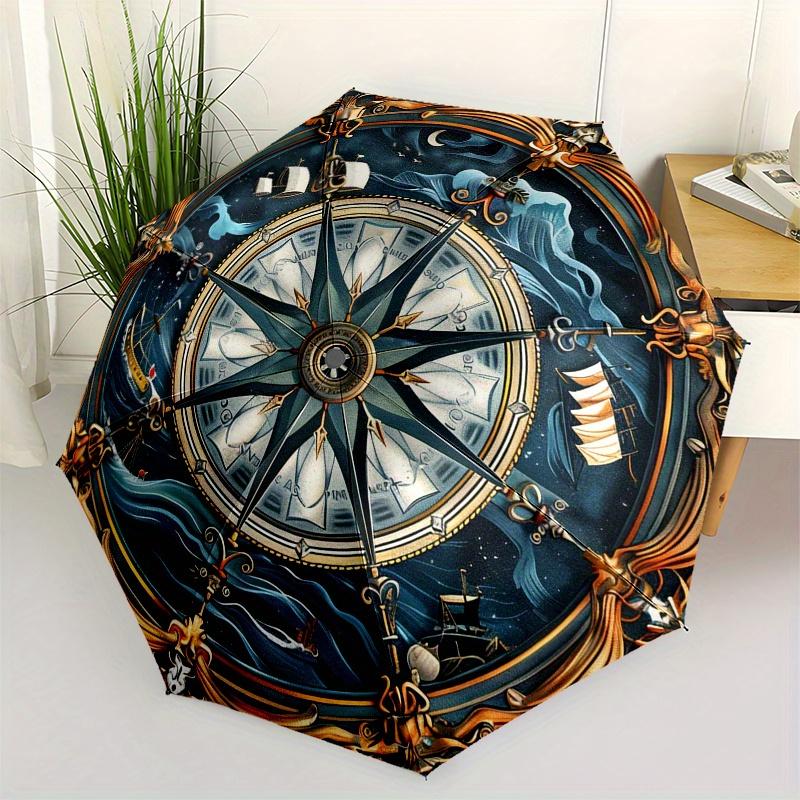 Nautical Compass Decorative Plate: Maritime Art forYour HomeUmbrella, Portable 3-Fold Compact Umbrella for Men & Women Gift