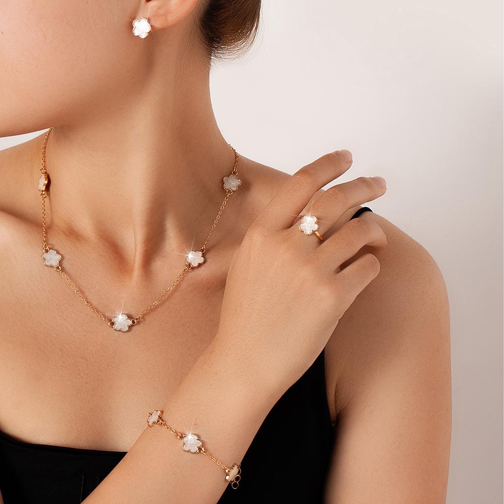 5-piece Fashionable and Elegant Gold Floral Decoration Zircon Earrings Necklace Bracelet Ring Combination