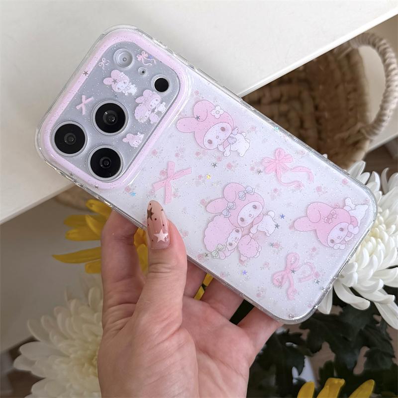 Sweet Pink My Melody My Sweet Piano Print Glitter Case For iPhone 16 15 Pro Max INS Kawaii Style Large Window Shockproof Cover