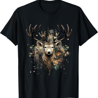 Deer Portrait Floral Artwork Wildlife Nature Animal Lovers T-Shirt