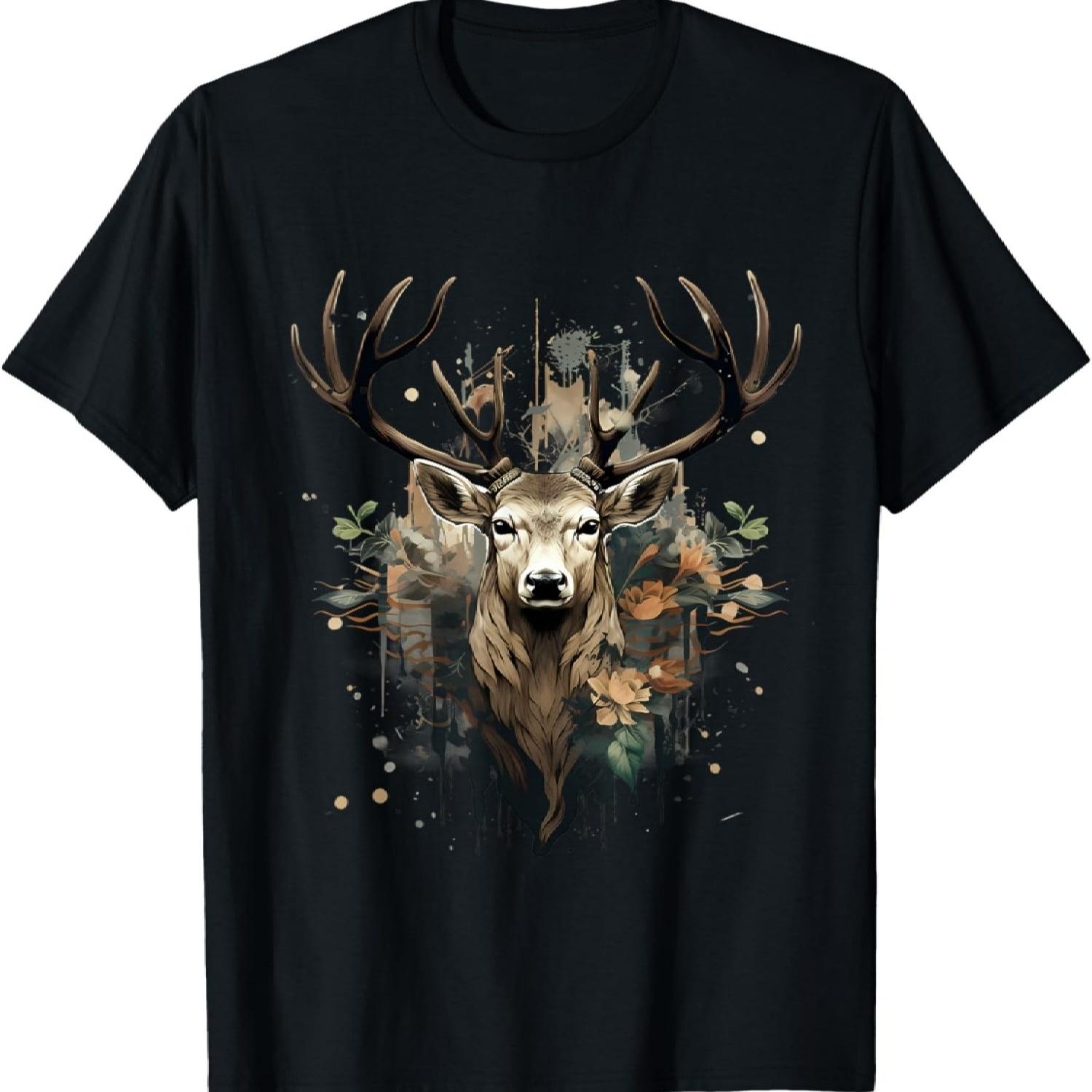 Deer Portrait Floral Artwork Wildlife Nature Animal Lovers T-Shirt XXXXXL разноцветный