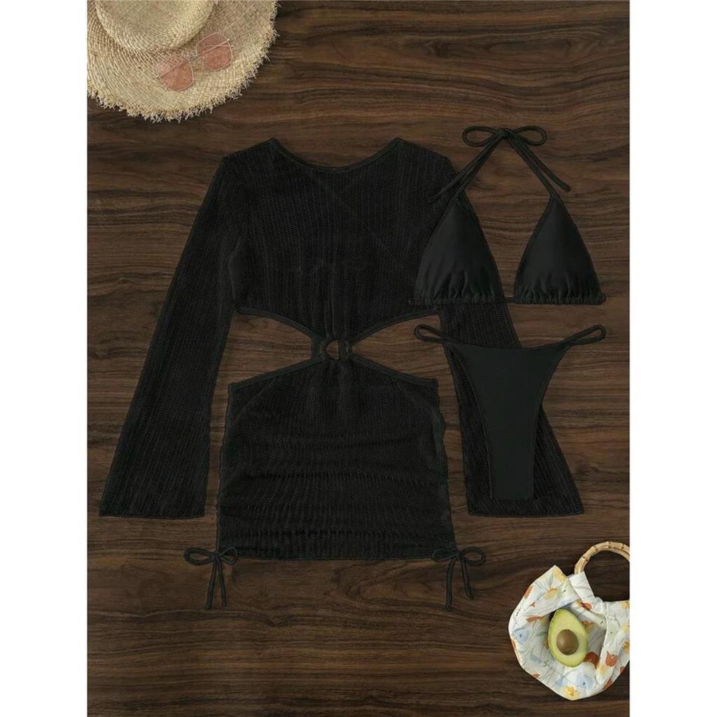 With Long Sleeve Cover Up Halter Bikini Women Swimwear Female Swimsuit Three-pieces Bikini set Bather Bathing Suit Swim