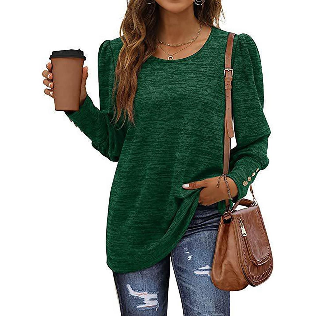 Women's Fashion Color Loose Casual Puffed Sleeves Round Neck Long Sleeve Tee Shirt Top