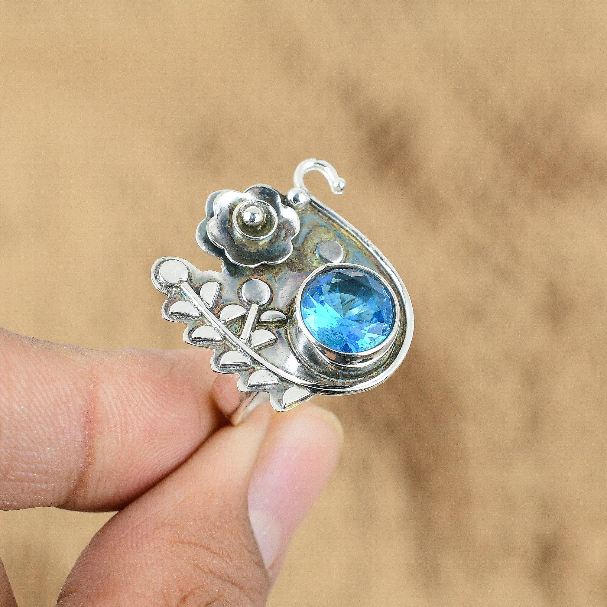

Mothers day Deal Sterling Silver Round Swiss Blue Topaz Stone Flower Boho Ring Yes
