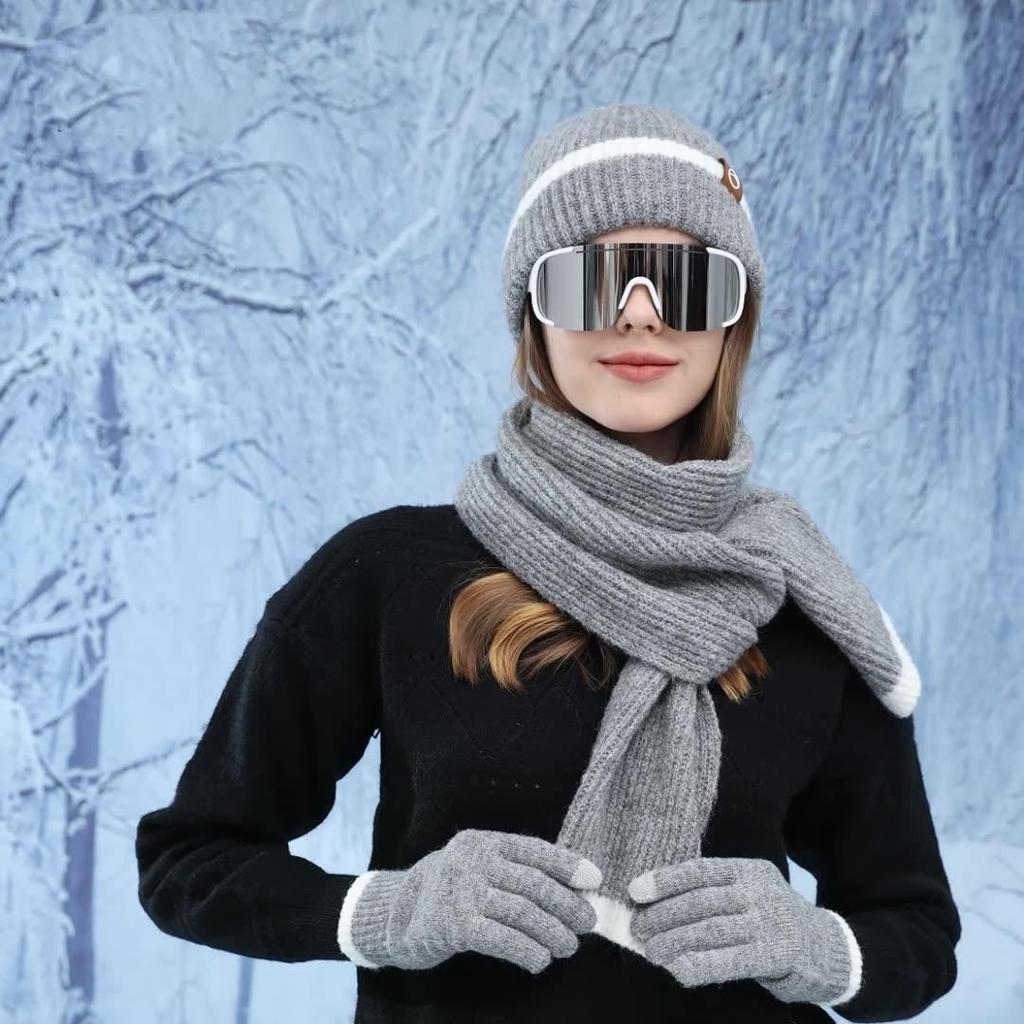 Kvinnor Höst Vinter Varm Tjocka Öronskydd Mössa Kall Utomhuscykling Stickad Mössa Set Söt Söt Mössa Scarf Handskar Tredelad Set
