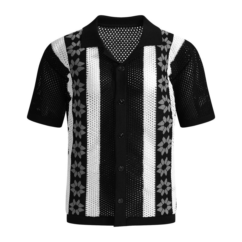 

Men Short Sleeve Knit Shirt Floral Stripe Mesh Cuban Collar Button Down Casual Top S чёрный
