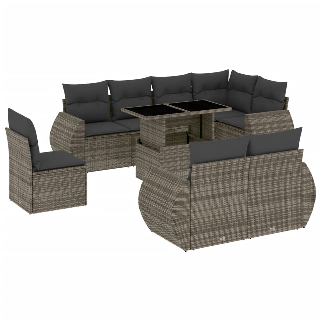 9 Piece Grey Garden Sofa Set with Cushions Poly Rattan
