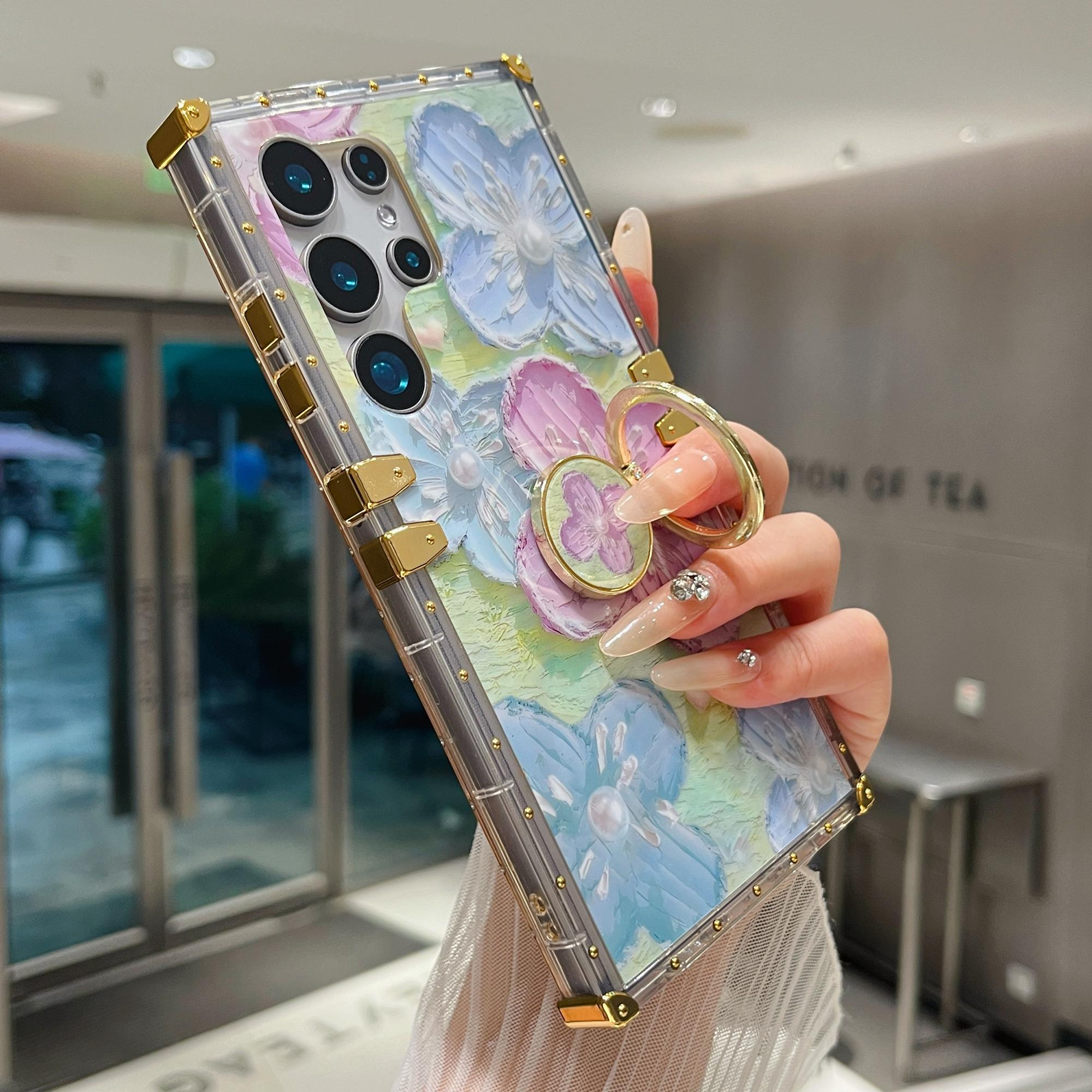 

For Samsung Galaxy S25 Ultra Case Stylish Flower Butterfly Pattern Ring Kickstand TPU+PC Phone Cover Pink/Blue