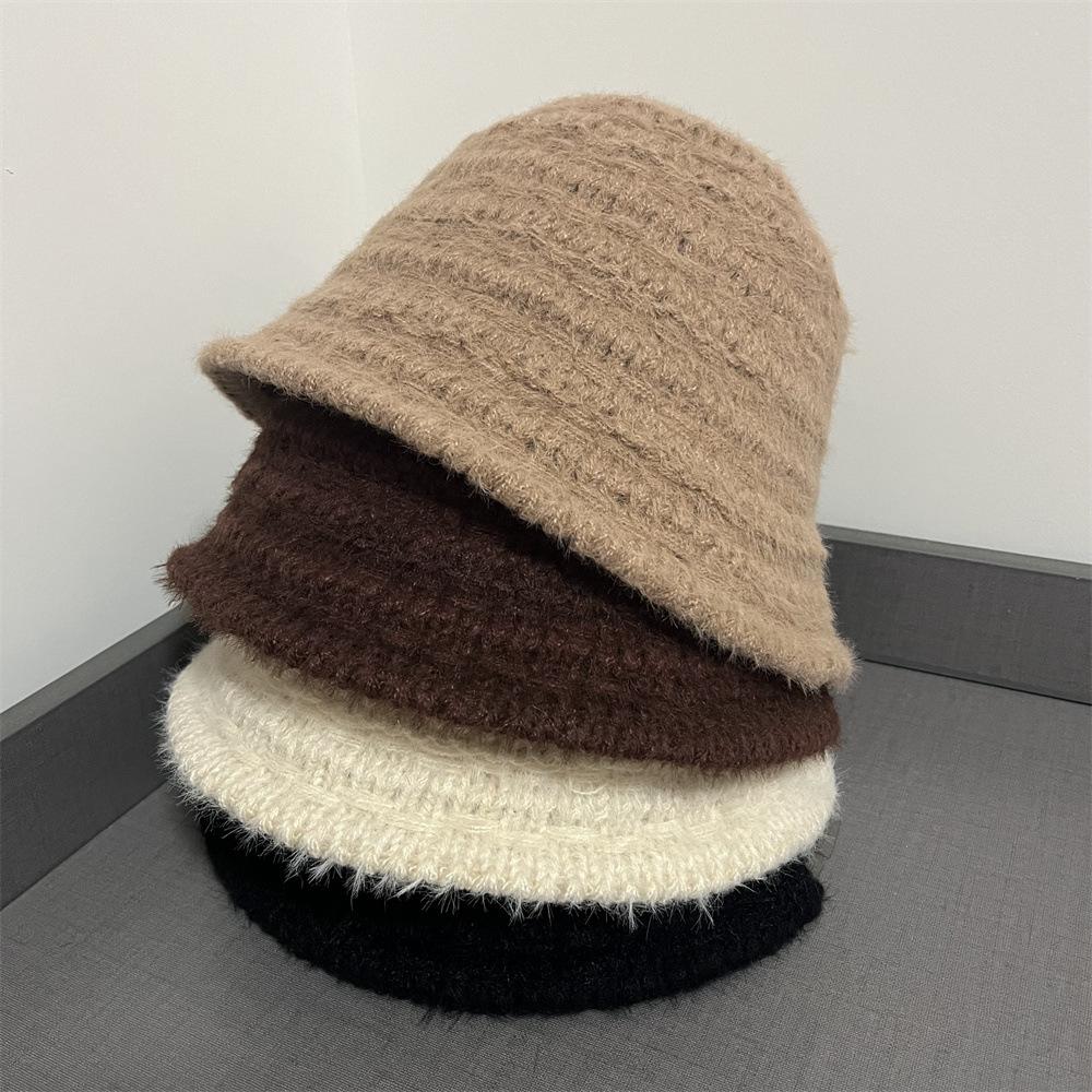Knitted bucket hat women's autumn and winter new big head circumference women's wool hat versatile casual solid color bucket hat