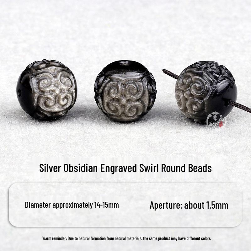 Silver Obsidian Ruyi Nine-Tailed Fox Moon Bracelet with Meteorite Beads