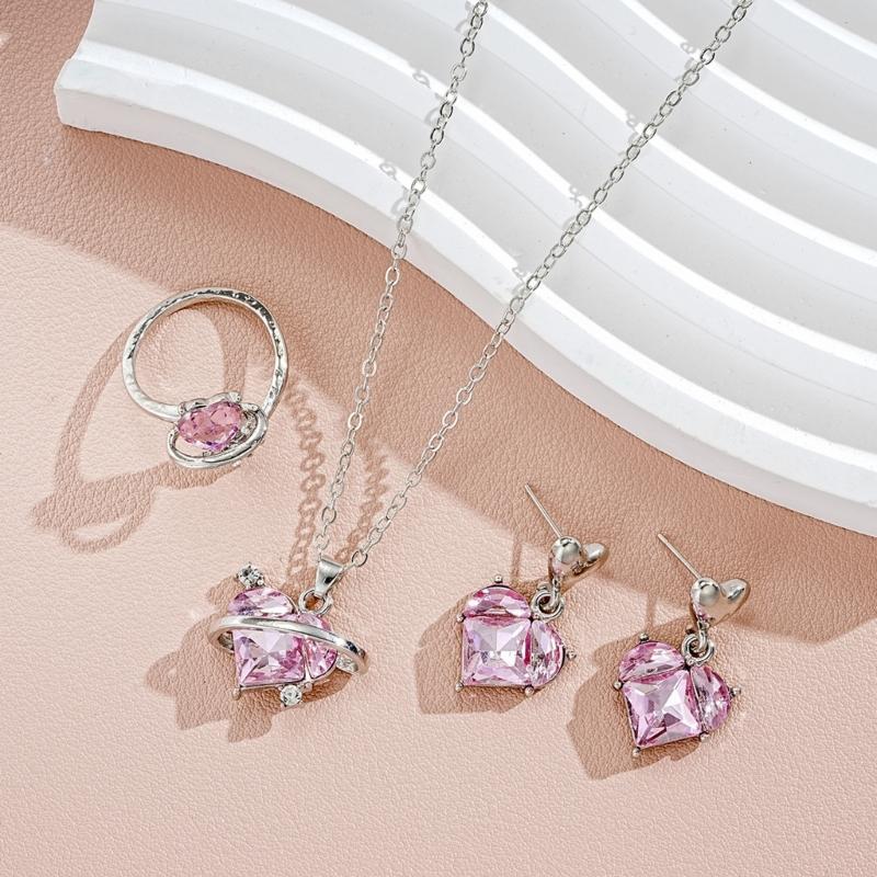 Elegant Bridal Jewelry Set Heart Necklace Drop Earrings Pendant Earrings Heart Rings Party Jewelry Suitable for Wedding