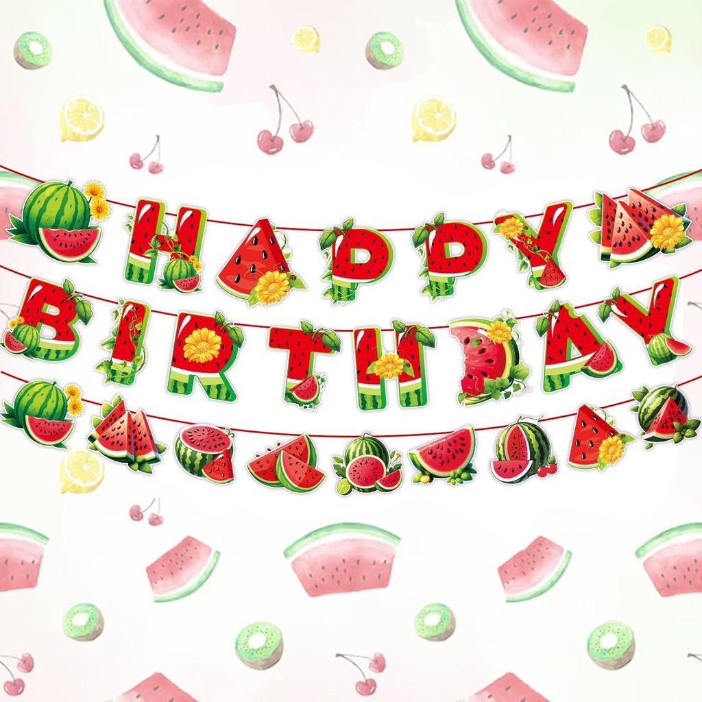 Summer Watermelon Banner and Cake Topper Set: Fruit-Themed Children's Birthday Party Decorations