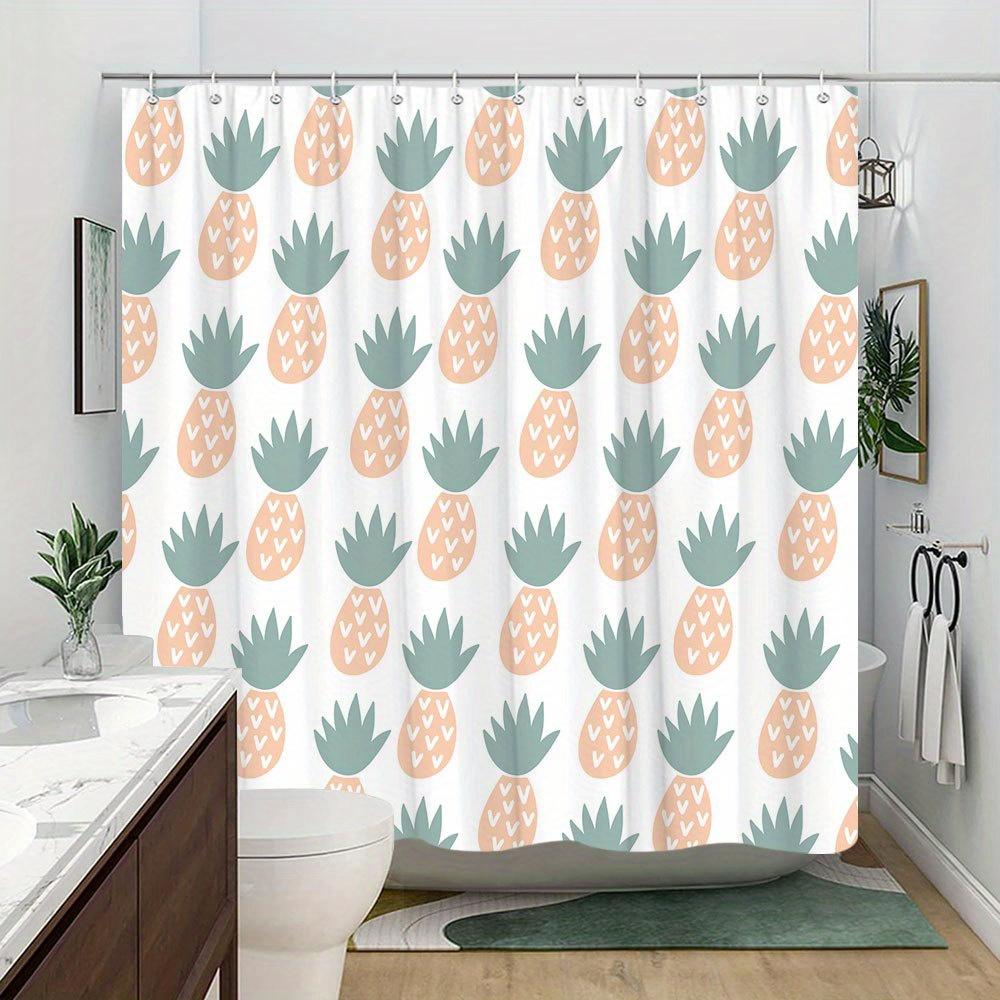 1 Stück moderne einfache Ananas-Muster Duschvorhang, Polyester, Weiß mit oranger Ananas und grünen Blättern, mit Haken
