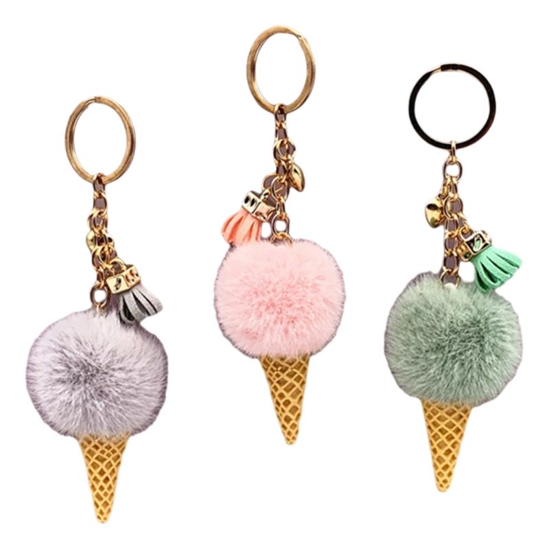 Bunter Eiscreme-Schlüsselanhänger Plüsch Pompons Anhänger für Damen und Herren Kunstpelz Schlüsselhalter Taschenanhänger Stilvolle Schlüsselringe