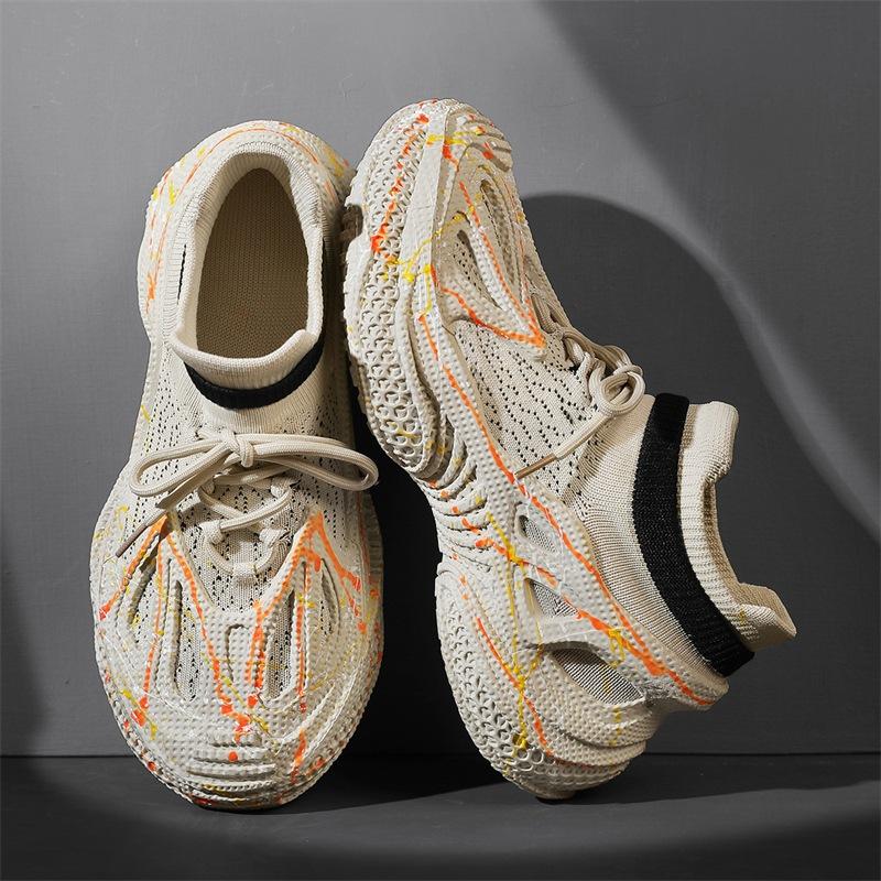 2025 summer fly-woven sports shoes platform men's shoes mesh breathable heightening socks shoes student luminous tide shoes men's