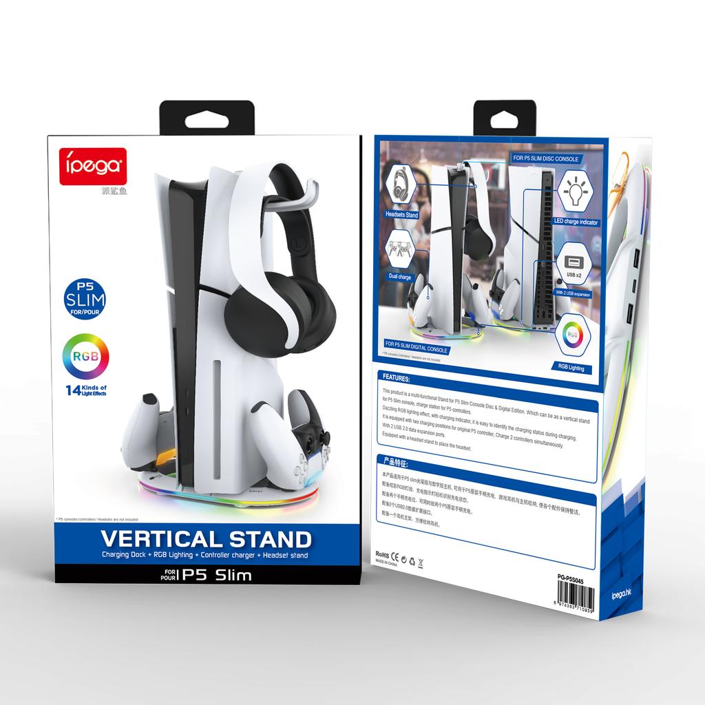 Vertical Stand for PS5 Slim/Pro,Multi-Function Dock with RGB Lighting, Headset Hook & Dual Controller Charging