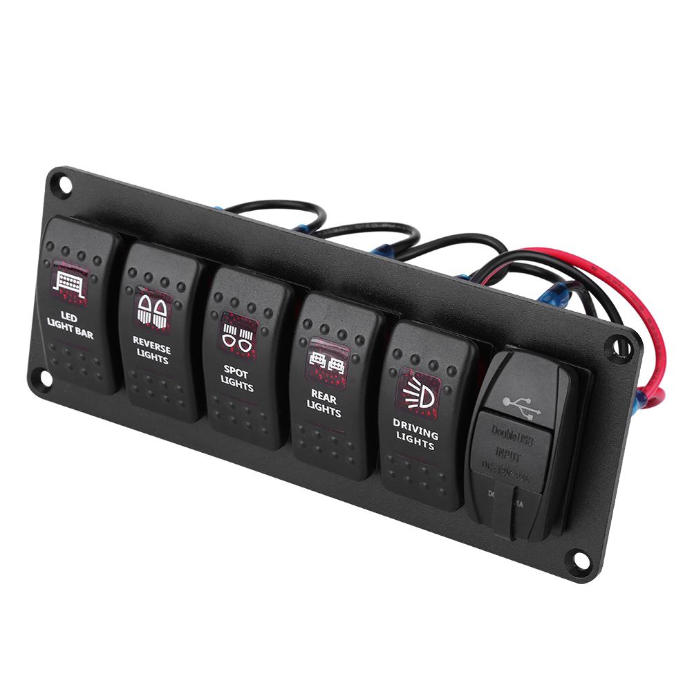 12V-24V 6 Gang Red LED Rocker Switch Panel with 3.1A Dual USB for Car RV Boat Yacht Marine