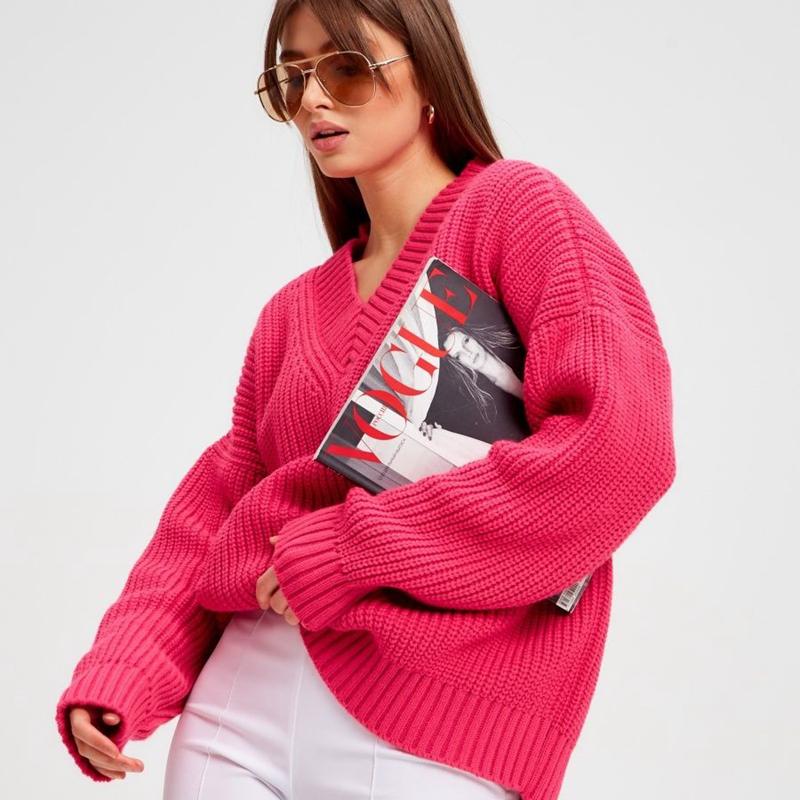 Damski sweter jesienno-zimowy z dekoltem w szpic, w jednolitym kolorze, z długim rękawem, luźnym, dzianinowym swetrem na wszystkie mecze