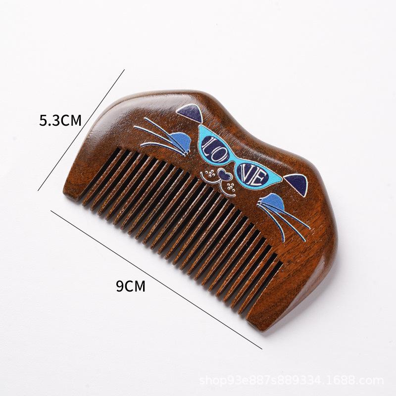 Moon-Shaped Black Gold Sandalwood Mini Comb – Gilded Cat & Flower Design, Wide-Tooth Curling Hair Gift Comb.