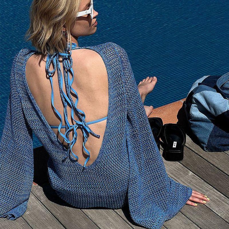 

Sexy Seamless Beach Dress Knitted Loose Backless Beach Skirt Bikinis Hollow out Cover up Women Blue One size