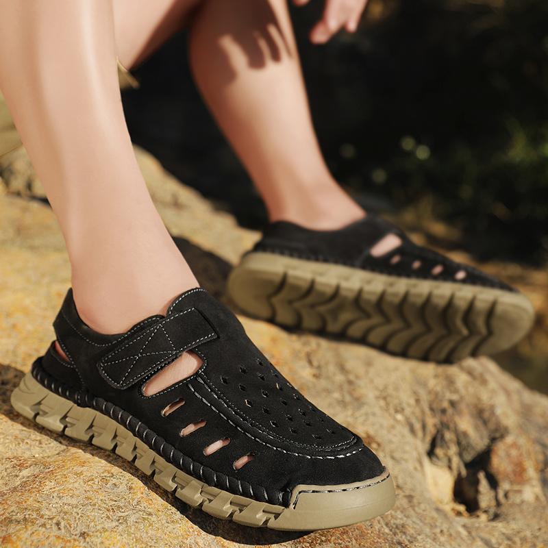 Fashion Fashion Breathable Men Sandals Handmade Leather Summer Outdoor Comfort Walking Beach Flats Cool Mesh Sneakers Non-Slip Sandalias