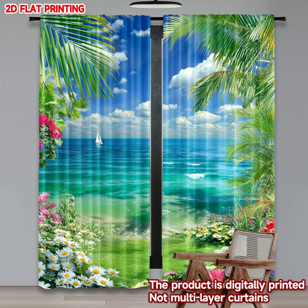 Set Of 2 Tropical Beach Curtains Ocean View Palm Trees Colorful Flowers Light Blue Background Living Room Curtain Polyester Ideal For Great