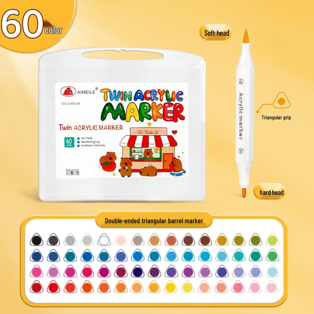 60-Color Double-Head Triangular Marker Set - Non-Bleeding, Stackable Watercolor Pens for Kids & Students
