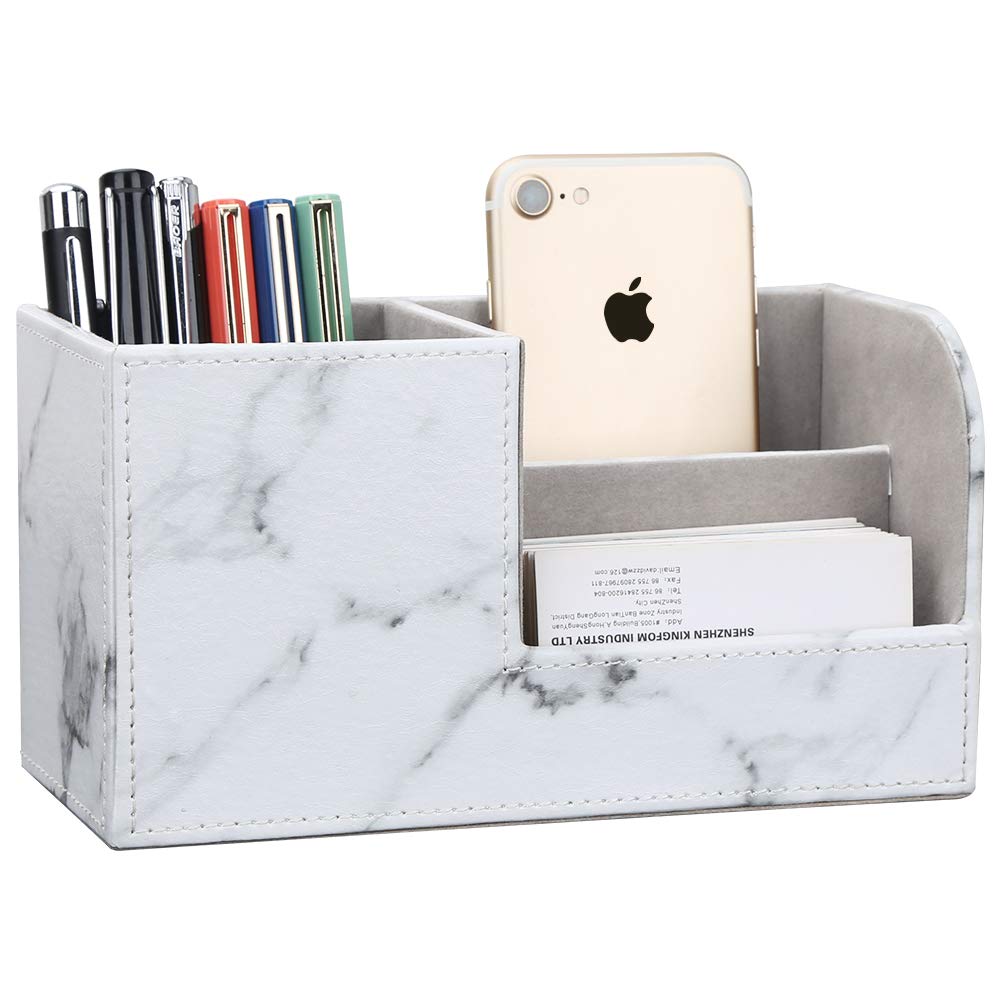 KINGFOM PU Leather Desk Stationery Organizer with Storage and Remote Control Holder Gray Marble Box, Pen/Pencil Stand, (Small, Pattern)