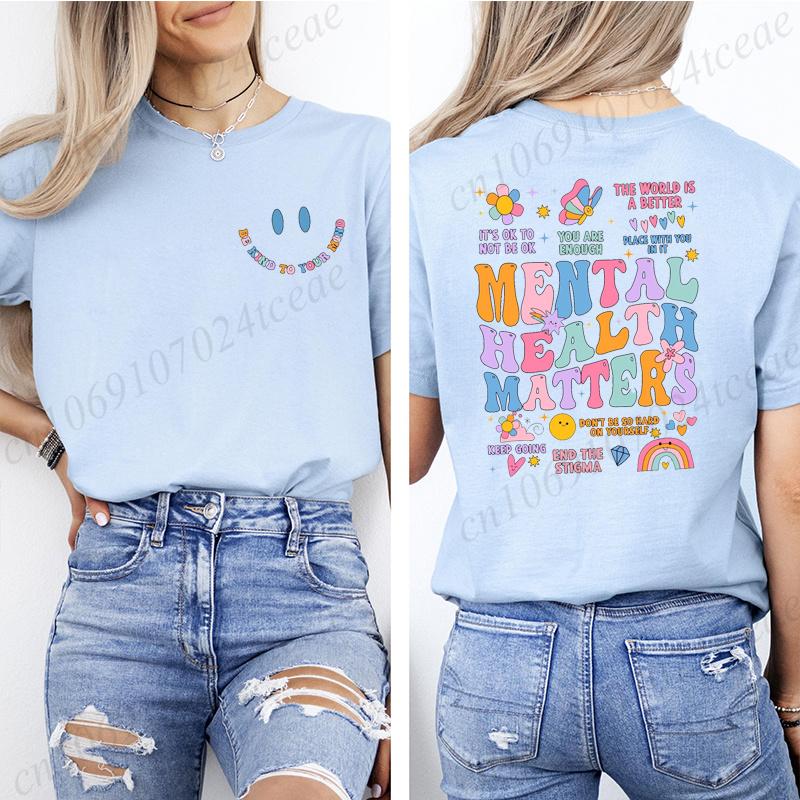 Fashion Women T Shirts Mental Health Matters Print Short Sleeve T-Shirt Inspirational Recreational Therapy Casual Summer Shirts