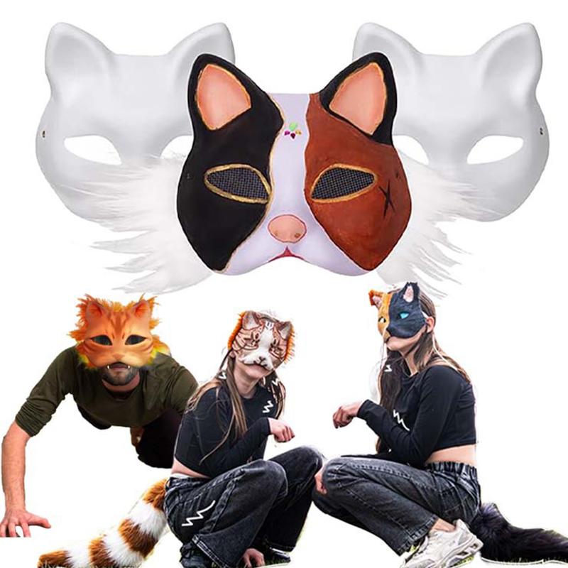 Diy Blank Masks Hand-Painted Animal Fox Cat Graffiti Mask White Embryo Pulp Mask Halloween Party Half Face Mask Decoration Gifts