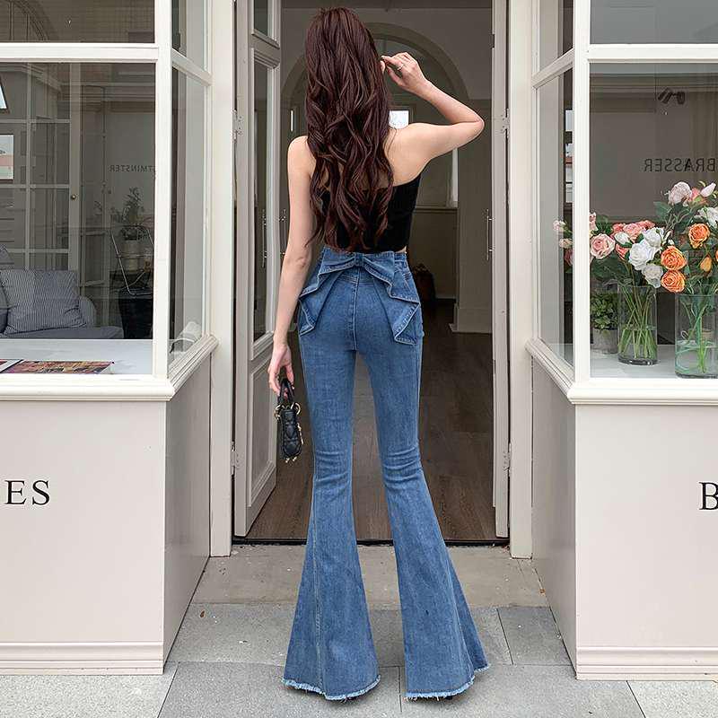 3D Bowknot Denim Pants - Women's High Waist European Style Slim Bell Bottoms for Summer