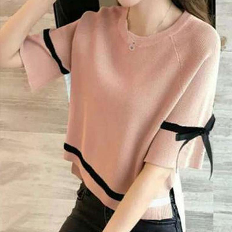 Femei Mânecă Sfert Cloche Temperament Versatil Tricouri Primăvară Vară Supradimensionat Elegant Modă Fundă Tricotat Pulover Tricou Topuri