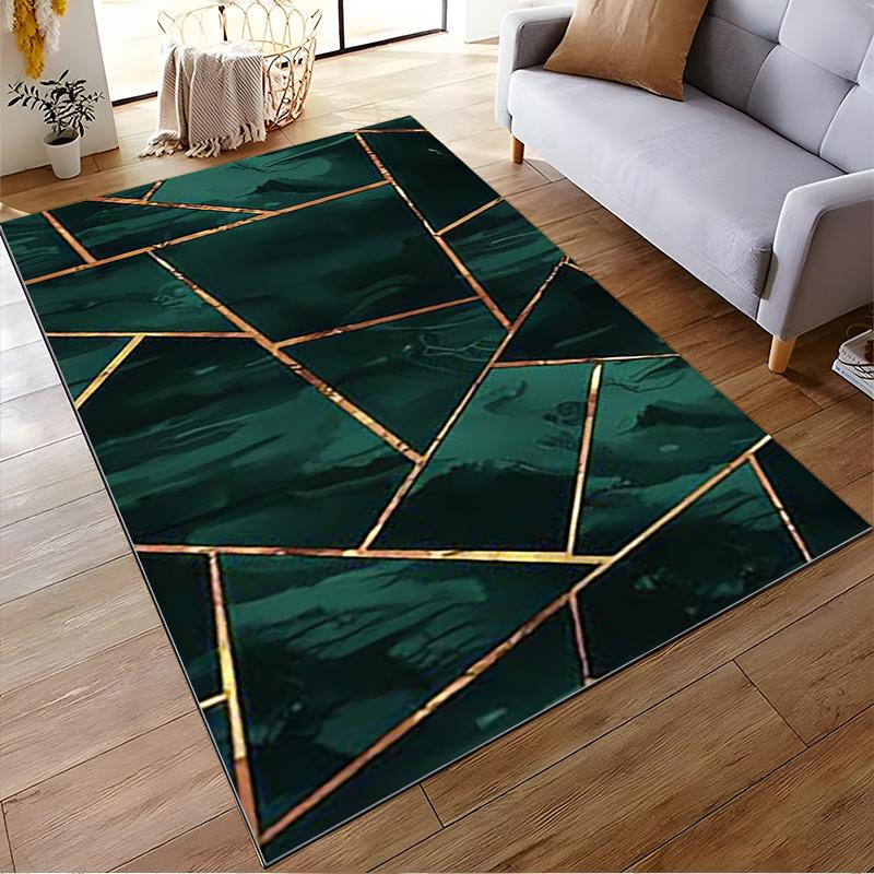 Tappeto Geometrico Verde Moderno con Linee Dorate per Arredo Soggiorno Adatto all'uso come antiscivolo per divani di soggiorno e camera da letto