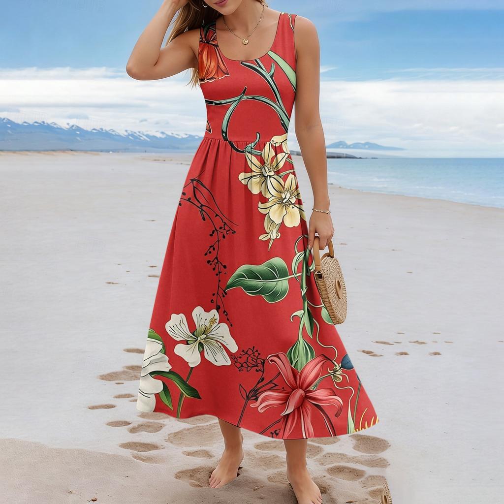 Ladies' floral summer casual and fashionable sleeveless long dress