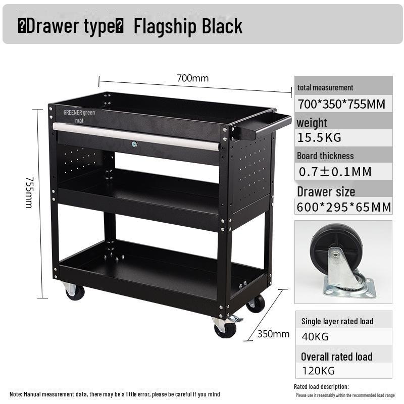 "Green Forest Utility Cart: Three-Layer Tool Trolley & Flatbed for Auto Repair & Beauty Supplies"