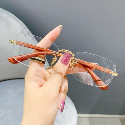 Rimless Finished Myopia Glasses Women Men Imitation Wood Grain Anti Blue Light Nearsighted Eyewear