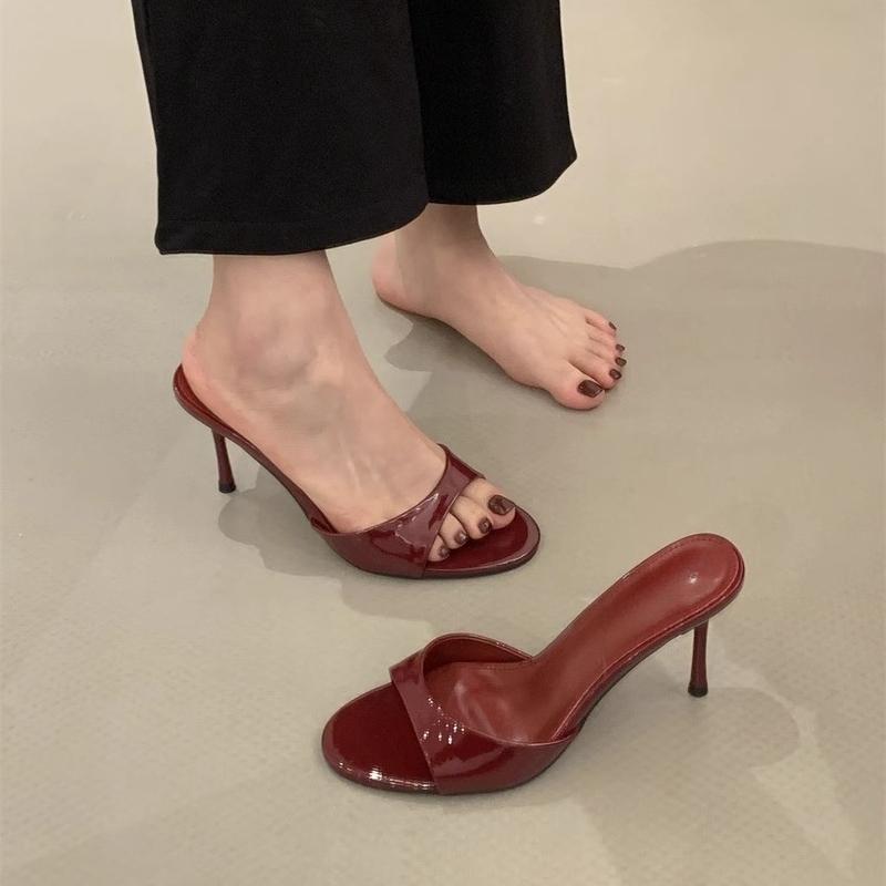 Modă 2025 Piele Lăcuită Femei Papuci Sandale Modă Rotund Vârf Deschis Toc Înalt Subțire Mules Slides Pantof de Ocazie de Vară