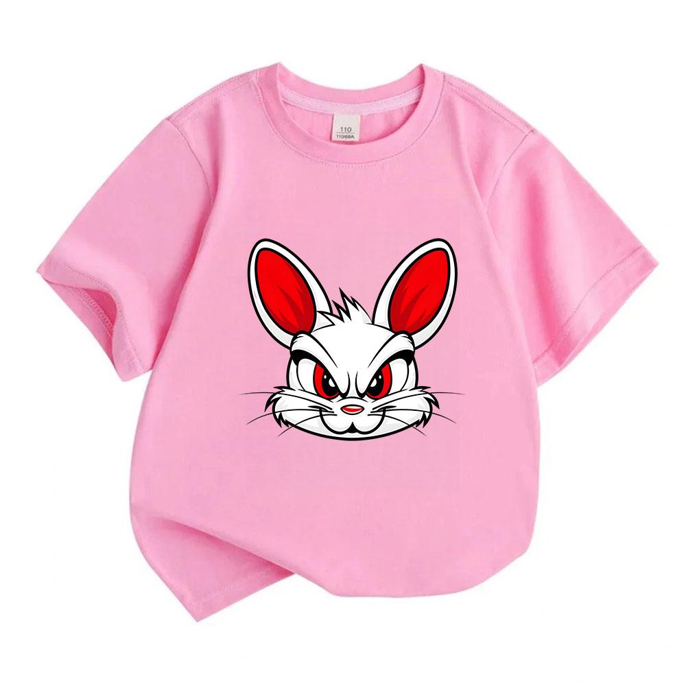 Kids Boys Girls 100% Cotton Crew Neck Short Sleeve T-Shirt, Cool Angry Cartoon White Bunny Red Eye Pattern Casual Soft Tees for Children Daily Outdoor