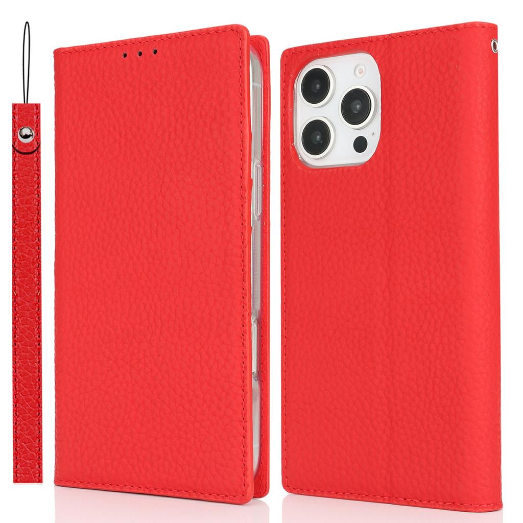 For iPhone 16 Pro Max Wallet Case Genuine Cow Leather Phone Cover Litchi Texture