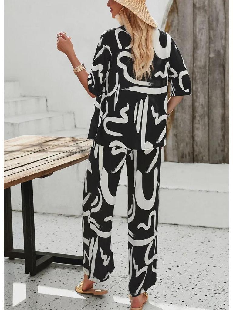 Diyun Pomichia Damen Frühling/Sommer 2025 Lässiger bedruckter Hosenanzug mit kurzen Ärmeln