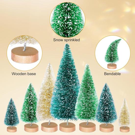 56 Pcs Mini Christmas Trees Set Sisal Snow Frosted Bottle Brush Trees