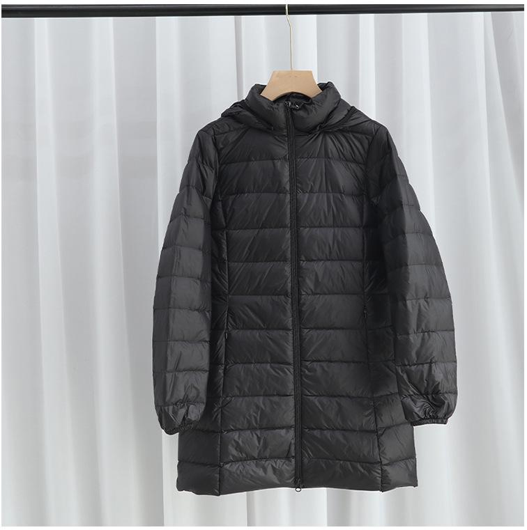 Women's Mid-Length Slim Fit Hooded Down Jacket, Flattering Plus Size, Lightweight with Detachable Hood