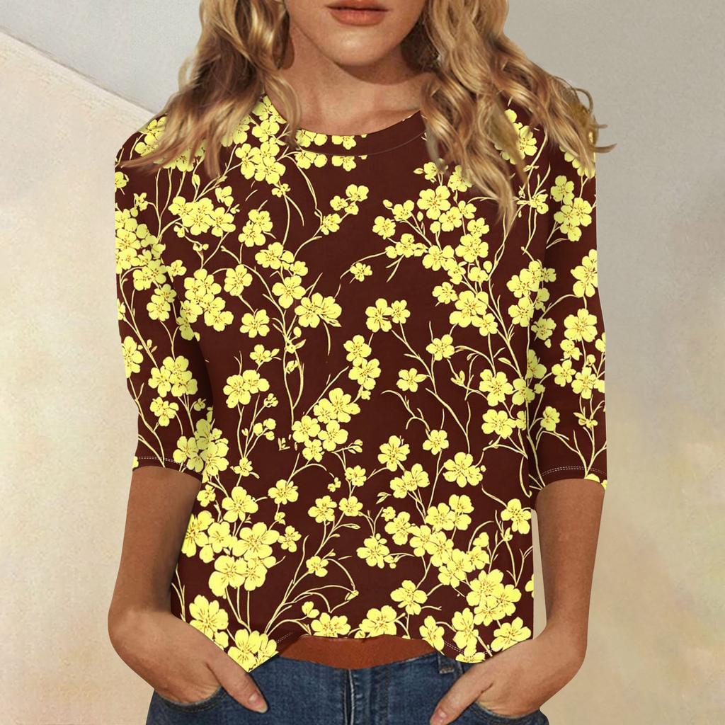 Women Casual Floral Print 3/4 Sleeve Round Neck Blouse Lightweight Soft Fabric Loose Fit Top for Everyday Wear