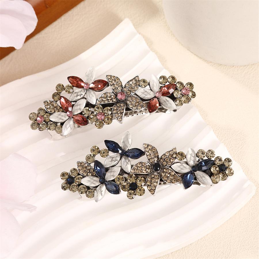 Elegante Retro Cristal Pinza de Resorte para Mujer Nuevo Clip de Cola de Caballo de Flor Parte Trasera de la Cabeza Tocado Pinza para el Cabello Clip Horizontal