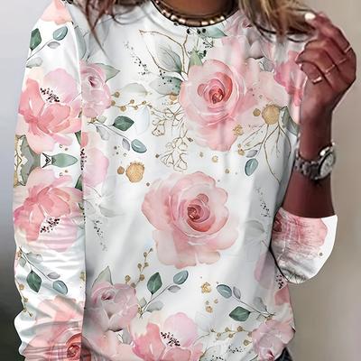 T-shirt girocollo a maniche lunghe con stampa floreale vibrante, casual chic, primavera-autunno - Abbigliamento comodo da donna, da indossare tutti i giorni