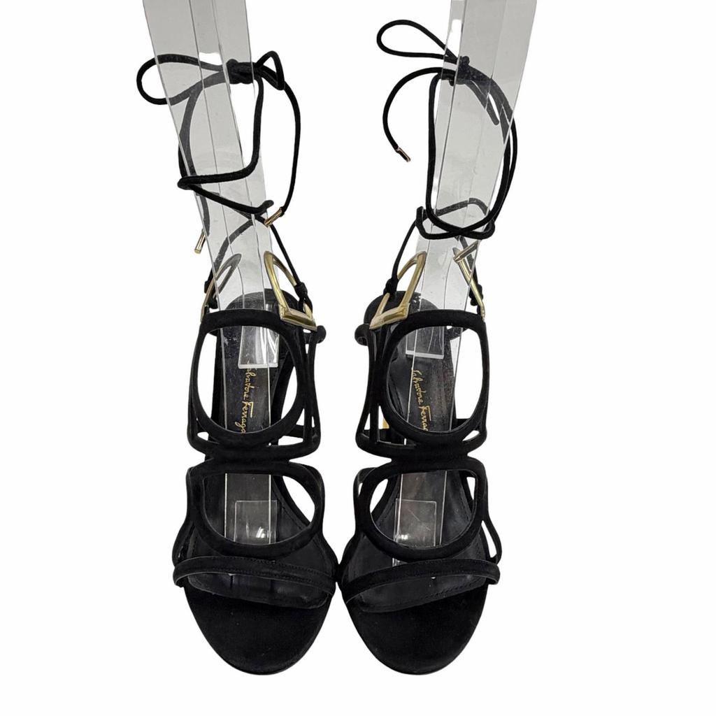 Pristine Salvatore Ferragamo Sandals VINCI X5 Gancini Suede Strap black Women 6 Used