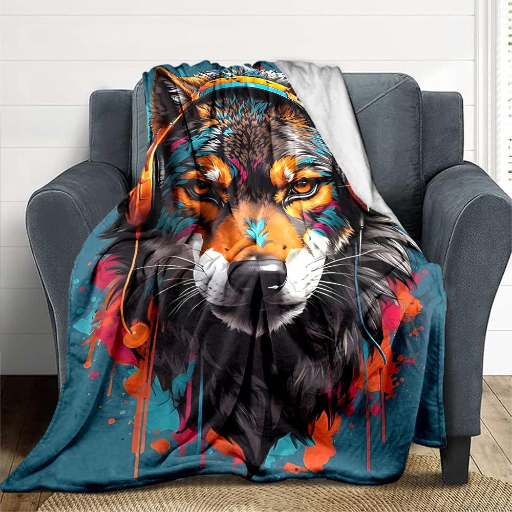 

1pc Wolf Headphones Blanket - Lightweight Flannel Fleece with Digital Printing, Soft Warm for Sofa, Travel, Camping, Office yy251018280 75x90cm