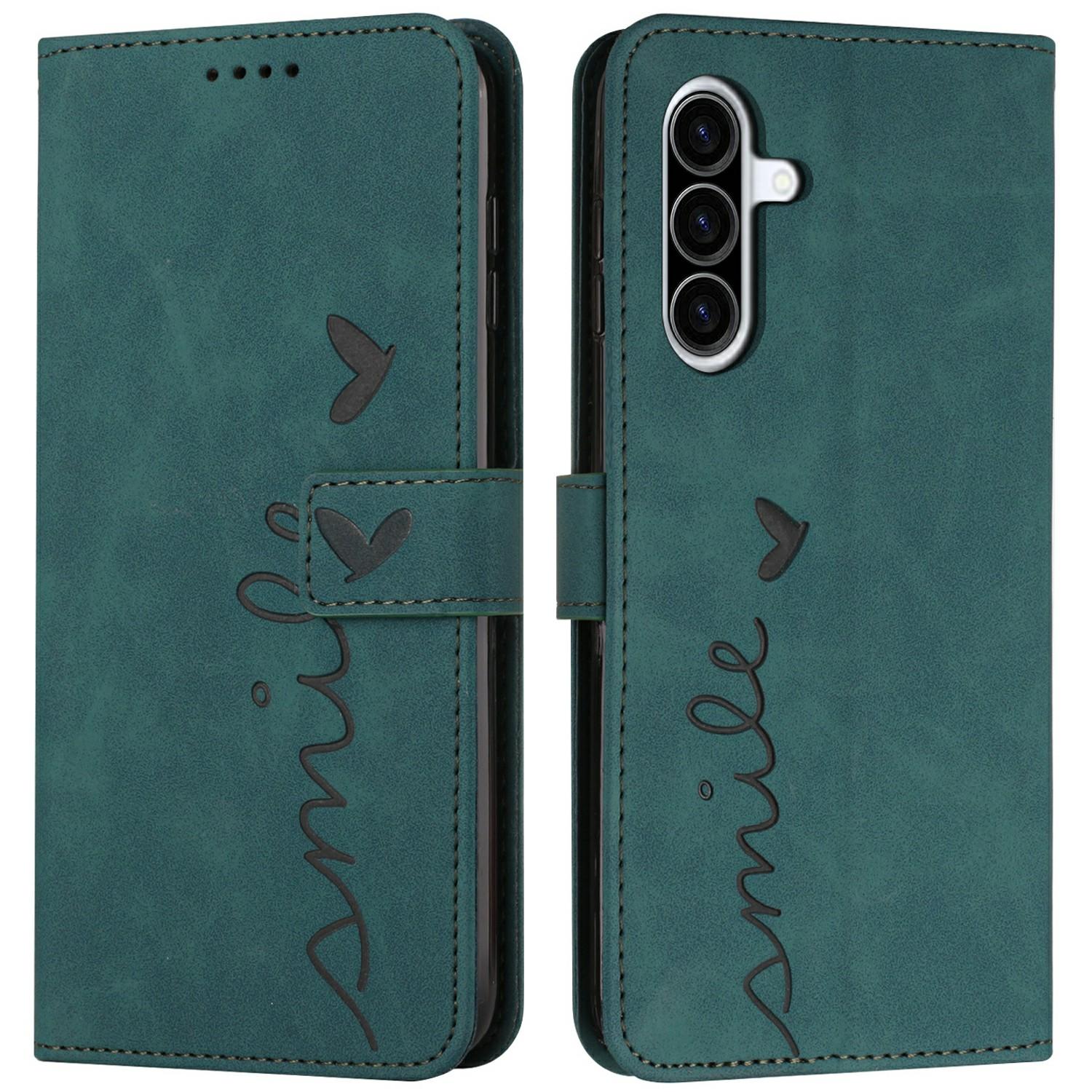 

For Samsung Galaxy A36 5G Case Viewing Stand PU Leather Phone Cover Imprinted Heart Pattern Green