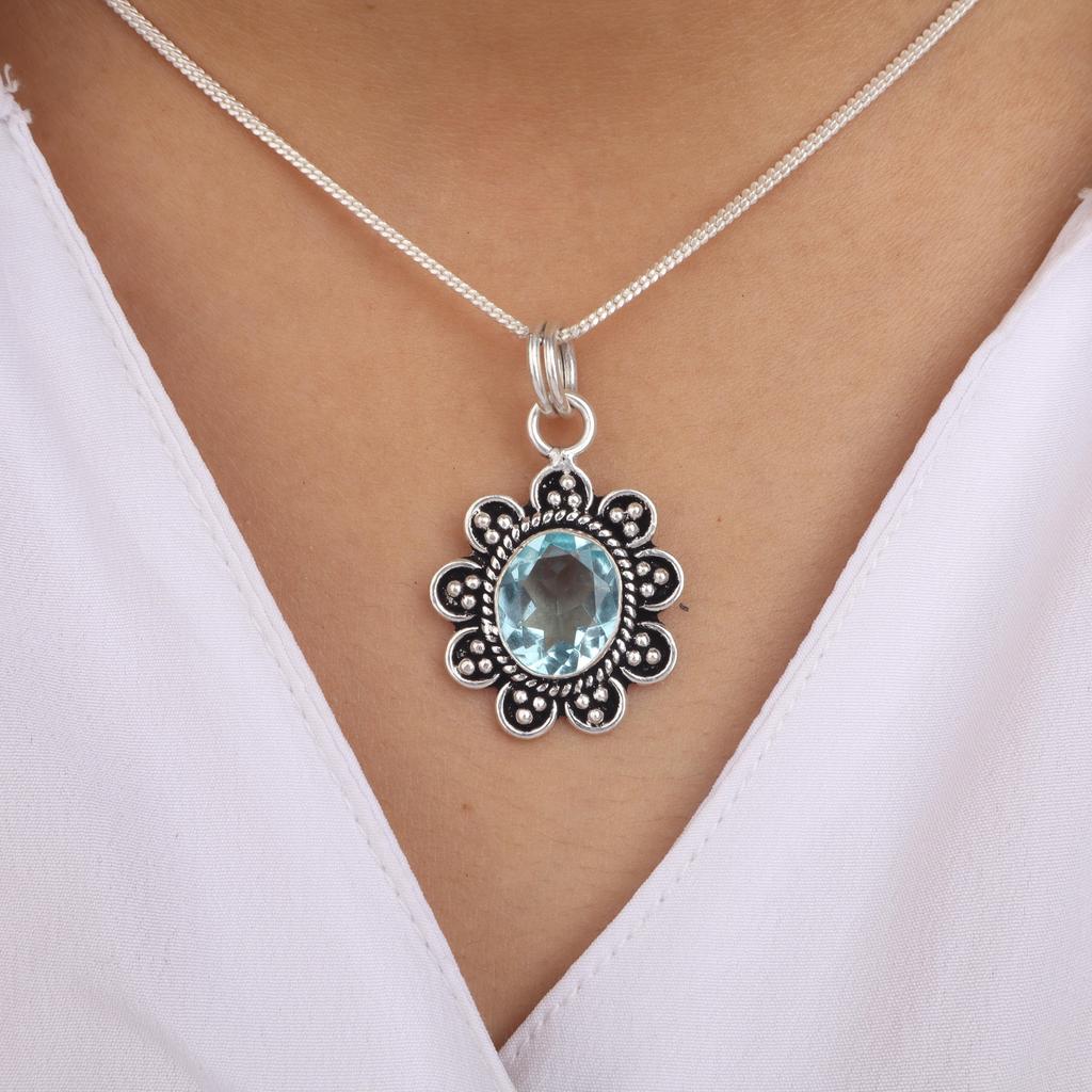 Sky Blue Topaz Gemstone 925Sterling Silver Jewelry Designer Pendant 1.37" For Mother's Day Gift CP-40-7